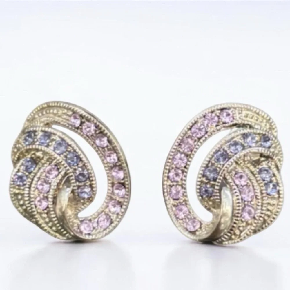 Vintage Earrings Sparkling Pink Purple Crystal Cubic Zirconia Formal Swirl Knot - Picture 15 of 16